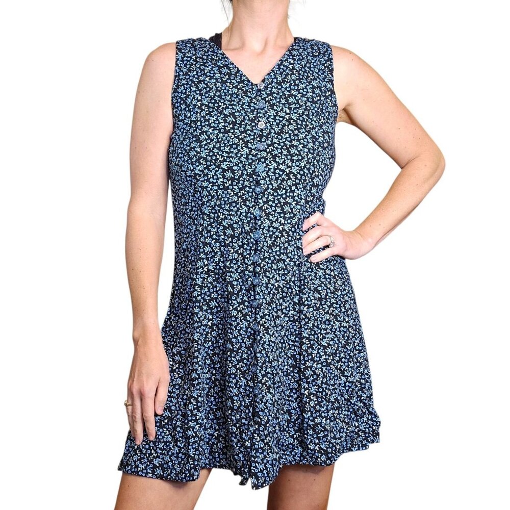 VTG 90 Dark Floral Mini Shirt Dress Black Blue Sleeveless Sz 8 Whimsigoth Grunge